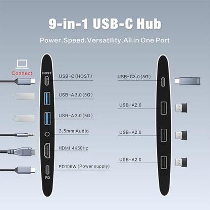 Adjustable Laptop Stand for Desk with Docking Station 9-in-1, Aluminum Laptop Riser with USB Hub, 360° Swivel, Dual Display 4K60Hz HDMI, 3 USB3.0, 100W PD Charging, for MacBook Pro Air/Dell/HP 7-15.6" - size: 9-in-1 Hub Laptop Stand