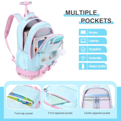 DIGOBAY Rolling Backpack for Girls, Roller Bag with Lunch Box Pencil case | Kawaii Girls Roller Backpack With Wheels School Bookbag With Cute Pins for Elementary Middle School, Aquamarine Pink - color: Aquamarine-pink