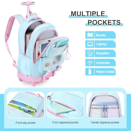 DIGOBAY Rolling Backpack for Girls, Roller Bag with Lunch Box Pencil case | Kawaii Girls Roller Backpack With Wheels School Bookbag With Cute Pins for Elementary Middle School, Aquamarine Pink - color: Aquamarine-pink