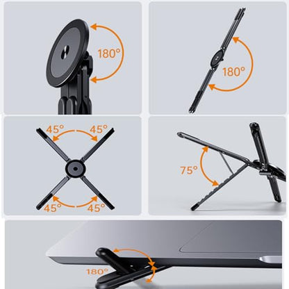 3-in-1 Magnetic Foldable Laptop Stand for Phone Tablet and Laptop | Aluminum Alloy, Die-casting,Ergonomic, 8-Level Adjustable Height, Portable, For Home Office and Travel - color: Black