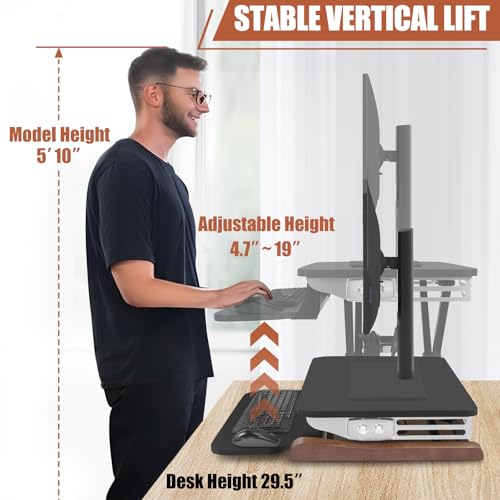 Electric Standing Desk Converter with Keyboard Tray, 26x16 Inch, Height Adjustable Sit to Stand Desk Riser with Unique Side Cover and Wooden Feet, Small Motorized Monitor Riser for Office & Home