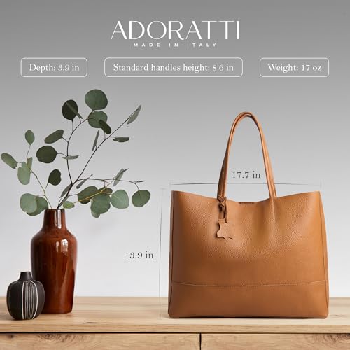 Italian Leather Tote Bag for Women - Large Shoulder Shopper, Fits 16” Laptop, Keychain Holder, Made in Italy - color: Camel Brown