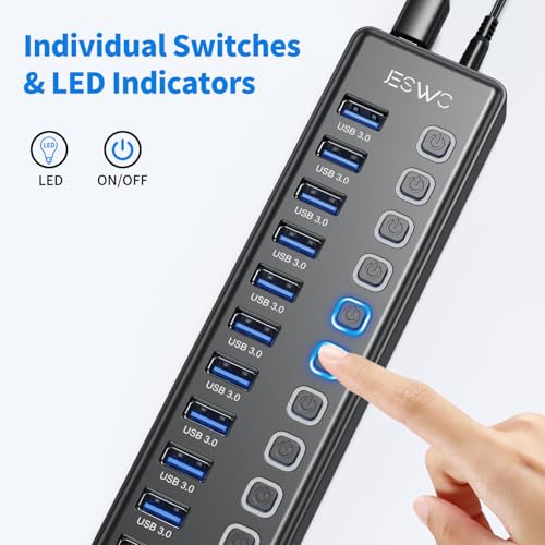 Powered USB Hub, JESWO 11 Port USB 3.0 Hub, 10 USB 3.0 Data Transfer Ports + 1 Smart Charging Port, USB Hub Powered with Individual LED On/Off Switches and 12V/3A Power Adapter - style: 10+1 USB 3.0 Hub
