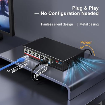 10Gb Ethernet Switch with 4 x 2.5GbE + 2 x 10GbE RJ45 Ports, VunLink 6 Port 10G/2.5G Multi-Gigabit Unmanaged Network Switch, Plug and Play, Fanless, Desktop/Wall-Mount, for Wireless AP, NAS, PC, Home