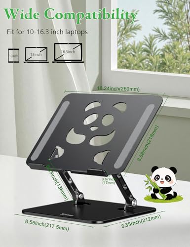 Stable Laptop Stand for Desk Fit for 10"-16.3" Laptops, Black | Foldable Aluminum Riser Creates an Ergonomic Workspace with Cute Panda Cooling Vent, Fits MacBook Air/Pro, Dell and Lenovo - color: Black