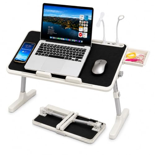 Laptop Desk for Bed, Height & Angle Adjustable Lap Desk with USB Cooling Fan, LED Light and USB Ports, Foldable Portable Laptop Table for Couch, Sofa, Floor, Reading, Writing, Black - color: Black