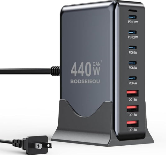 USB C Charger Block 440W Charging Station Hub,8 Port GaN III Fast Charging Brick with 5ft Extension Cord,PD PPS 100W Laptop Power Adapter for MacBook Pro/Air,iPhone 17/16,Samsung Galaxy,Dell - color: Black
