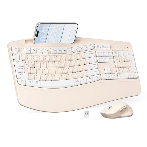 Wireless Keyboard and Mouse Combo, 2.4G Full Size Wave Keys Ergonomic Keyboard with Wrist Rest, Phone Holder, 3-Level DPI Wireless Silent Mouse with 6-Buttons, for Windows (Milk Tea-A) - color: Milk Tea-A