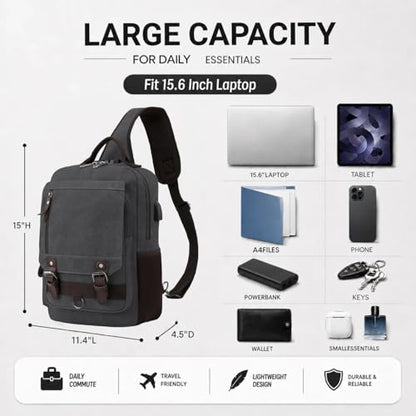 Sling Bag Large Capacity: Crossbody Bag for Men Fits 15.6 Inch Laptop A4 Files with Anti Theft USB Port - color: Black-xl