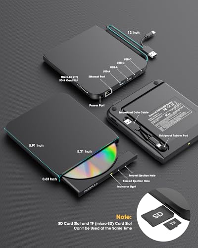 ROOFULL External CD DVD Drive with Ethernet Adapter, USB Hub, SD Slot, Case | 9 in 1 New USB 3.0 & USB-C Portable CD/DVD Optical Disc Drive Burner Reader Writer Player for Windows 11/10, Mac, Linux PC - style: 9 In 1 Drive + Carrying Case