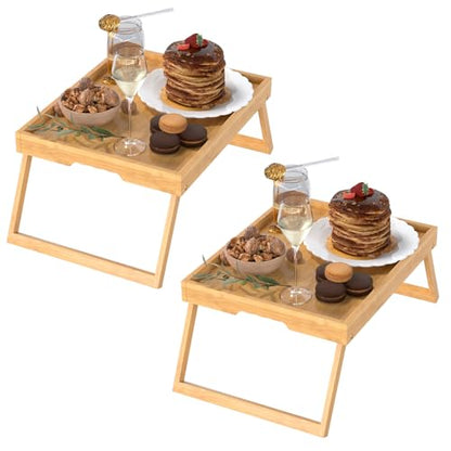 Bamboo Bed Tray Tables with Folding Legs, Medium, 2-Pack, Bamboo | Two FSC-certified bamboo bed trays with folding legs, handles and raised edges for meals, laptops, reading and serving. - color: Bamboo, size: Medium - 2pc
