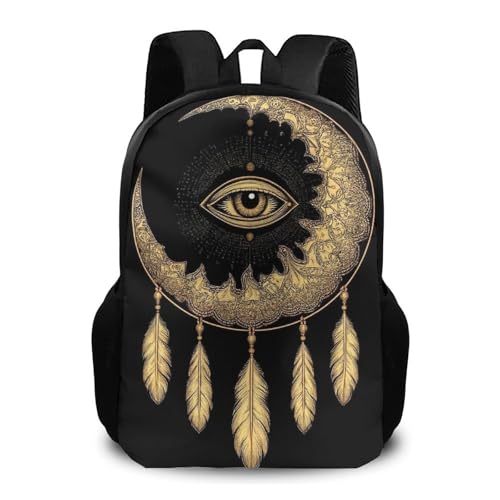 Large Water Resistant College Bag, Computer Bag, Durable Travel Laptop Backpack For Women Men Mandala Boho Crescent Moon Sun Dreamcatcher - color: Color574