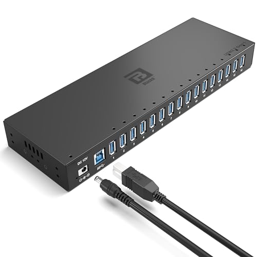 16-Port Powered USB 3.0 Hub, Desktop USB Expansion Hub with 5Gbps High-Speed Data Transfer, Aluminum USB Splitter for Multiple Devices, AC Power Adapter Included for PC and Laptop Use