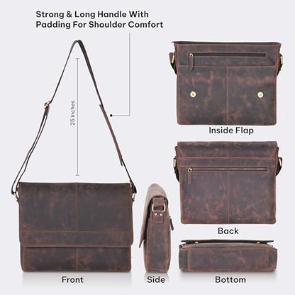 VALENCHI 15" Full Grain Leather Laptop Messenger Bag For Men & Women - Padded 15.3" Laptop Compartment, Ample Storage & Pockets, Premium Natural Leather (Brown Oily Hunter) - color: Brown Oily Hunter