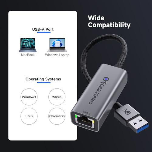 Cable Matters USB to 2.5Gb Ethernet Adapter, USBA to RJ45 Network Adapter | 2500Mbps, Plug & Play, Compatible with Windows, macOS, Linux, ChromeOS, Laptop, Desktop