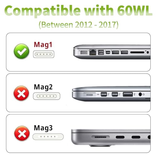 Mac Book Pro Charger 60W L-Tip Mag 1 Power Adapter for 13" Before Mid 2012 | Mag-netic 1 Charger Fast Charger Compatible with old Ma Book Pro 13" A1278, A1181, A1342, A1370, A1369 Before Mid 2012 Models