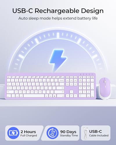 seenda Rechargeable Wireless Keyboard and Mouse Combo, Purple | Quiet, slim full-size keyboard with numpad, 2.4GHz USB receiver, USB-C charging, 3-level DPI mouse for Windows PCs/laptops - color: Purple