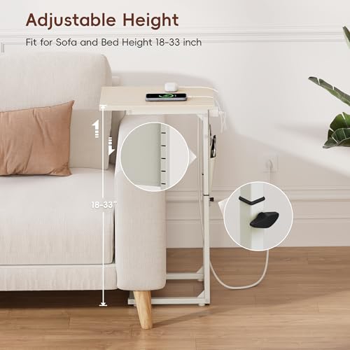 Vagusicc C Shaped End Table with Charging Station, Adjustable Height Side Table for Couch, Small Sofa Table C Table End Table, Slide Under Couch Table TV Tray Arm Table for Living Room, Bedroom, Cream - color: Cream White, style: With Plug