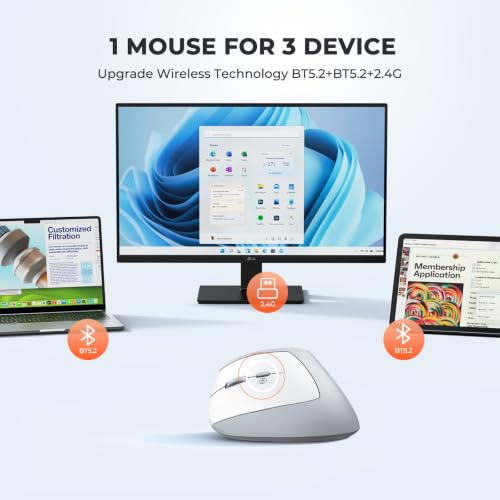 MEETION Left-Handed Ergonomic Vertical Mouse, Wireless, Rechargeable, Gray | Dual-mode connectivity via Bluetooth 5.2, Bluetooth 3.0 and USB. 4 adjustable DPI (800–2400) for Windows, Mac, PC and iPad - color: Left Gray