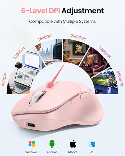 TECKNET Wireless Mouse Bluetooth 5.0/3.0 & 2.4G Rechargeable, Silent Clicks, Adjustable 4800 DPI, 6 Buttons, Ergonomic Design, Bluetooth Mouse for Laptop, Computer, ipad - Pink - color: Pink