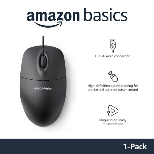 Amazon Basics 3-Button USB Wired Mouse with Responsive Tracking, Plug & Play, Compatible with Windows and Mac, Black - size: 1-Pack