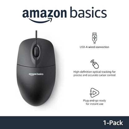 Amazon Basics 3-Button USB Wired Mouse with Responsive Tracking, Plug & Play, Compatible with Windows and Mac, Black - size: 1-Pack