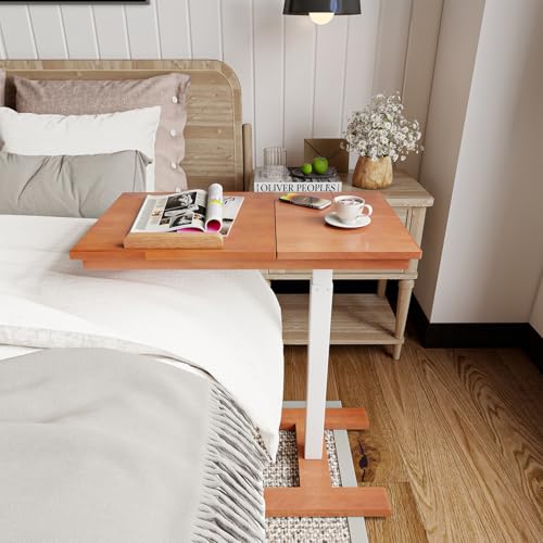 28" W x 16" D Tilt Desktop Overbed Table with H-Shaped Sturdy Base, Premium Rubberwood with 360° Concealed Casters, Moveable Bedside Table for Home,Office,Hospital Use (Wood) - color: Wood, style: Tilt
