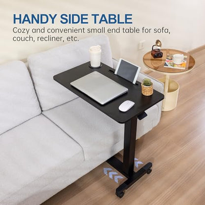 Adjustable Overbed Table with Wheels, Over Bed Tray with Cup Holder | Rolling Medical Adjustable Height Standing Laptop Desk, Portable Hospital Bedside Tables, Pneumatic Computer Cart| Black - color: Black