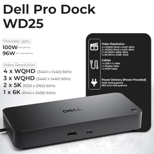 Dell Pro Dock WD25 USB-C Docking Station – 100W Power, Dual 4K Display Support, Includes Anyhdd HDMI, DisplayPort and C to C Cable, 3 Year Warranty - style: Dell Pro Dock WD25