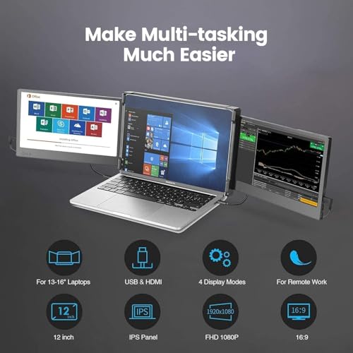 Teamgee 12" Laptop Screen Extender, Dual Display Triple Setup, Portable Monitor for 13"–16" Laptops, USB-C/HDMI/USB-A Plug & Play, Ideal for Remote Work & Multitasking - size: Triple 12"