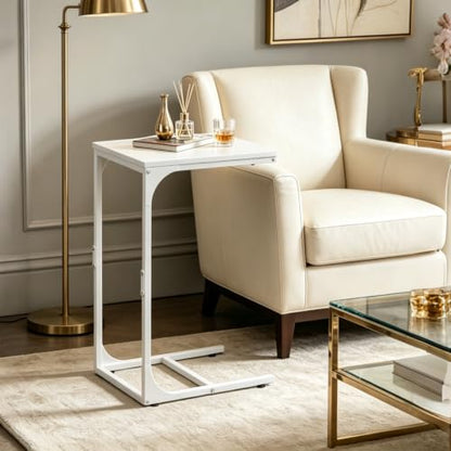 WLIVE C Shaped End Table, Small Couch Side Tables with Metal Frame, Sofa Table TV Tray for Living Room, Bedroom, White - color: White