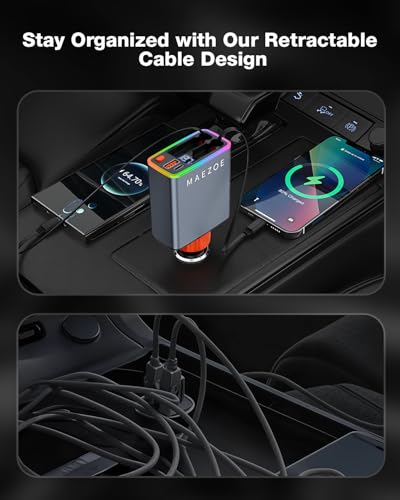 Retractable Car Charger with 𝑺𝒐𝒖𝒏𝒅-𝑨𝒄𝒕𝒊𝒗𝒂𝒕𝒆𝒅 𝑳𝒊𝒈𝒉𝒕, 120W USB C Car Charger Adapter Fast Charging, 4-in-1 Retractable Car Phone Charger for iPhone 16/15/14/13/12, Samsung