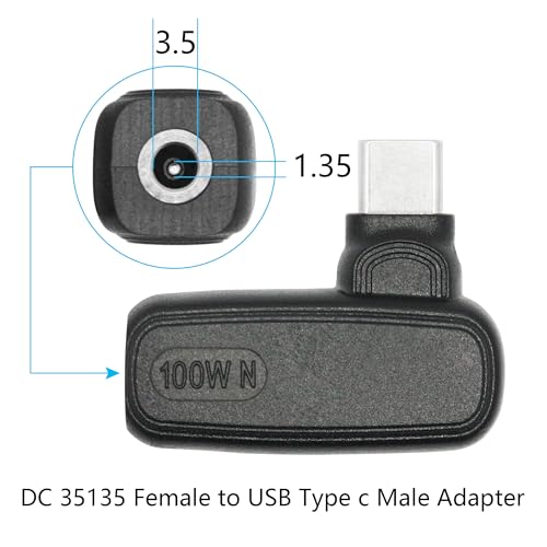 90 Degree 100W DC 3.5mm x 1.35mm Power Adapter, Input 15 - 20.5V, PD Chip | Right Angle DC 35135 Female to USB Type C Male PD Plug, Built in PD Intelligent Chip Quick Identification V/A, for USB C Port - style: DC 35135 Female to USB Type c Male - 100W