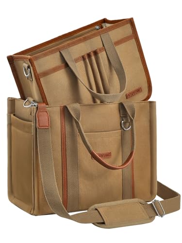 BESBESME Women’s Canvas Tote Bag with Zipper and Compartments – Multi-Pocket Laptop Work Crossbody Shoulder Tote Purse - color: Brown, size: Large, style: Detachable Organizer