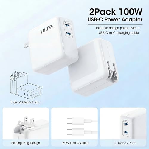 MacBook Pro Charger,2pack 2-Port and Foldable 100W USB C Charger for MacBook Air, Samsung Galaxy, iPad Pro,i phone17/16/15 and More, 6FT&10ft USB C Cable Included