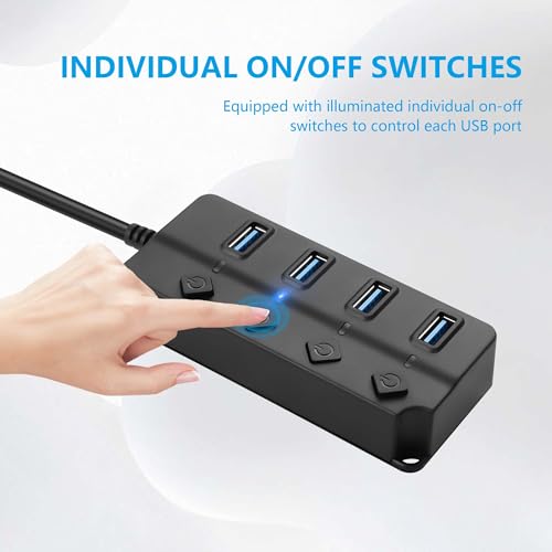 CERRXIAN USB Hub, 4Port USB Hub Splitter with Individual On/Off LED Switches 6.6ft/2m Long Cable, Multi Port Expander, Fast Data Transfer USB Splitter for Laptop, PC,Mobile HDD