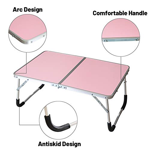 Foldable Laptop Table, Bed Desk, Breakfast Serving Bed Tray, Pink | [Portable Mini Picnic Table & Ultra Lightweight] [Folds in Half with Inner Storage Space] - color: Pink