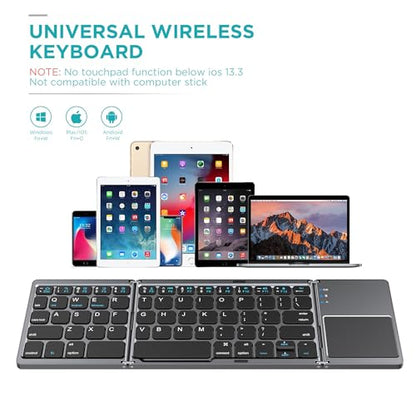 Foldable Bluetooth Keyboard with Touchpad - Portable Wireless Keyboard with Holder, Rechargeable Full Size Ultra Slim Pocket Folding Keyboards for Android Windows iOS Tablet & Laptop