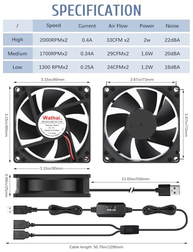 Wathai 80mm x 80mm x 25mm USB Fan 5V for Computer Laptop Router DVR Xbox Cooling 2 Packs - size: 80x25mm (5V)