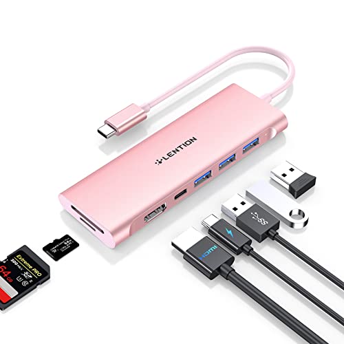 LENTION 7-in-1 USB C Hub, 3 USB 3.0 Ports, 4K@30Hz, 100W PD, Card Readers | Ideal for Work & Study, Stable Driver 3.0 Certified, Compatible with macOS, iOS/iPadOS, Windows & ChromeOS (C36B, Rose Gold) - color: Rose Gold, size: 7 Ports Short