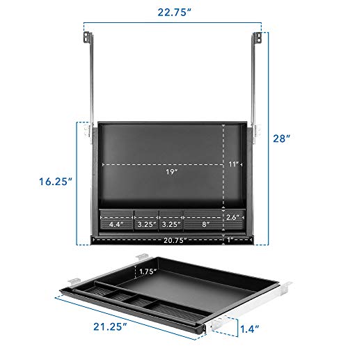 MOUNT-IT! Large Under Desk Pencil Drawer 16 inch Deep | 21.25” W, Ball Bearing Slide-Out Organizer for Office Supplies, Paper & Pencils | Fits Desks Over 1” Thick, Adjustable Extension 16.25”–28” - size: 16 inch Deep