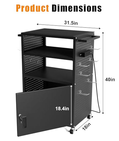 AV Cart with Wheels and Power, Media Cart with Pegboard Siding & 12 Hooks, with Locking Cabinet & Pullout Keyboard Tray, Rolling Computer Cart, Mobile Workstation, Utility Cart(40" x 18" x 31.5") - size: 40" x 18" x 31.5"