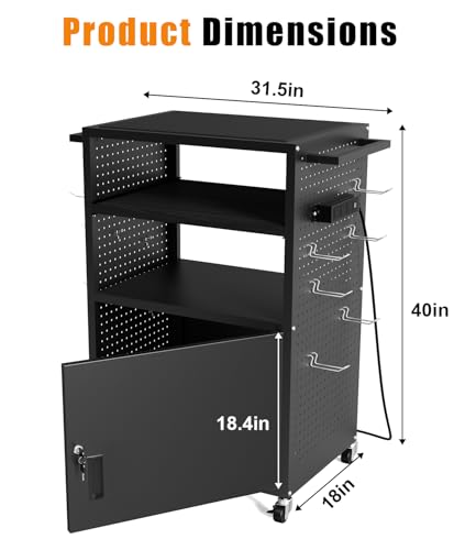 AV Cart with Wheels and Power, Media Cart with Pegboard Siding & 12 Hooks, with Locking Cabinet & Pullout Keyboard Tray, Rolling Computer Cart, Mobile Workstation, Utility Cart(40" x 18" x 31.5") - size: 40" x 18" x 31.5"
