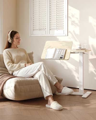 FLEXISPOT Adjustable Height C-Shaped End Table with Split Tilting Top – Mobile Side Table for Sofa & Bedside, Slides Under Furniture, Hidden Wheels for Small Spaces(31.6"W x 15.7"D,White Wood Grain) - color: White Wood Grain, size: 32×18
