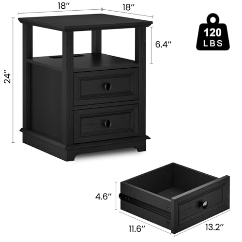 End Table with Fast Charging Station Set of 2, 18" Wide Sofa Side Table with Drawers, Large Storage Rustic Wood Square Storage Cabinet for Living Room - color: Black, size: 1 Set
