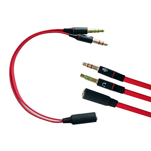 Terasako 3.5mm Jack Female to 2 Male Gold Plated Headphone Mic Audio Y Splitter Flat Cable(Red.)