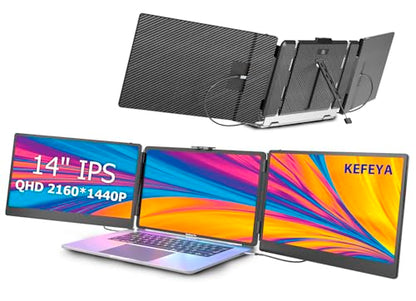 KEFEYA Laptop Screen Extender, 14" Portable Monitor for Laptop, 1440P QHD Triple Screen Monitor Extender for 13"-17" Laptops, HDMI/USB-C for MacBook, Windows, Chrome, Switch, Plug & Play - size: 14.1"