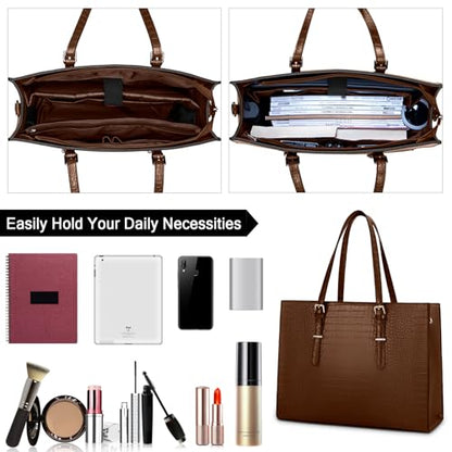 Laptop Bag for Women 15.6 Inch Crocodile Leather Tote Bag Water-resistant Work Briefcase Business Computer Shoulder Bag for Travel Teacher Nurse Professional Handbag - color: Coffee