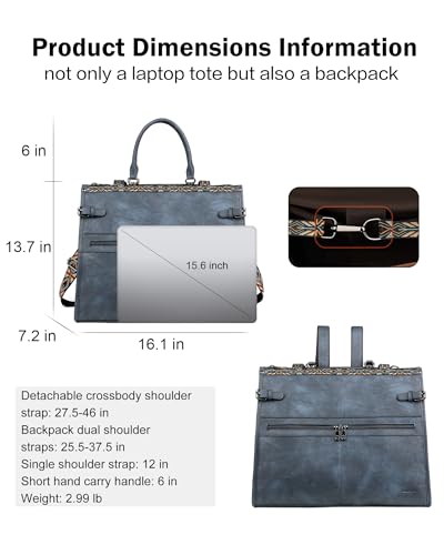 FADEON Laptop Bag for Women Designer PU Leather Large Tote Bags Backpack Purses with 15.6 Laptop Compartment Shoulder Handbag - color: Dark Blue Retro Style