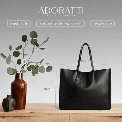 Italian Leather Tote Bag for Women - Large Shoulder Shopper, Fits 16” Laptop, Keychain Holder, Made in Italy - color: Black